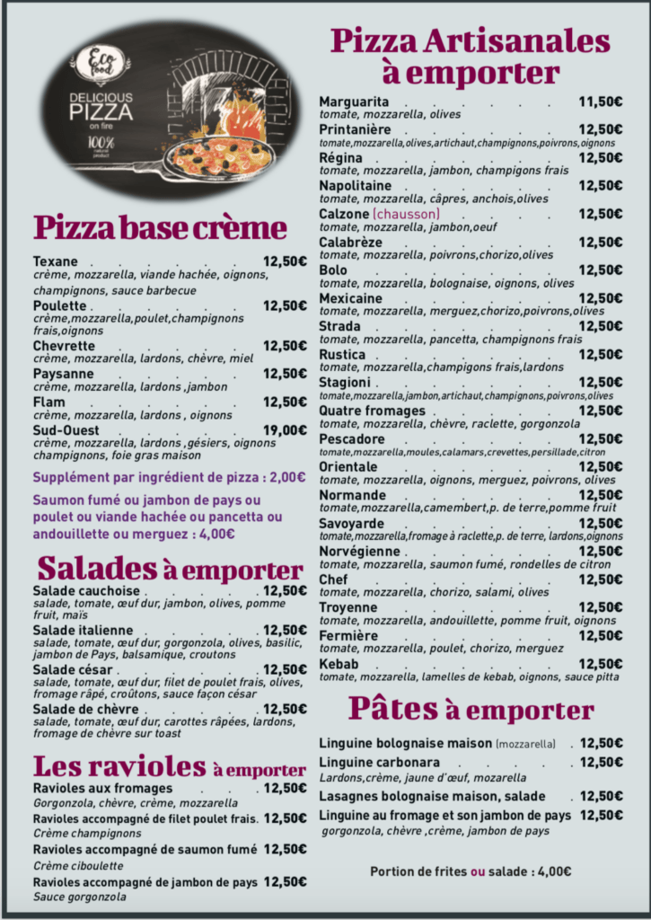 carte de pizza à emporter la strada